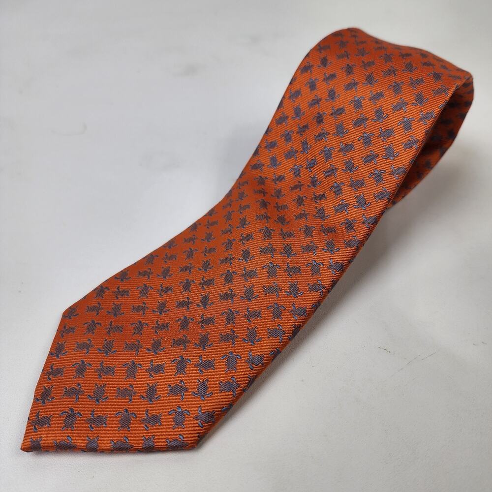 Haines & Bonner London Tie Orange w/ Blue Sea Turtles 100% Silk Necktie 59''x 3"